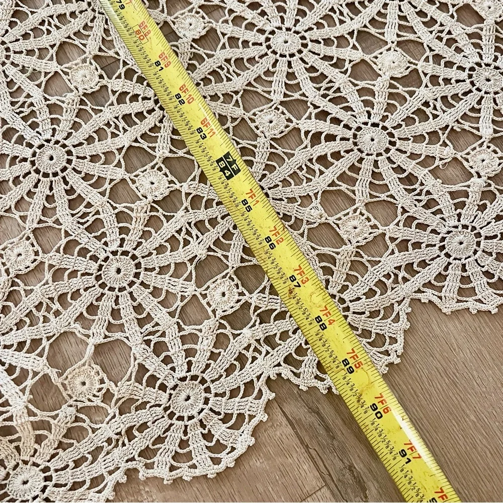 VTG Cream‎ Hand Crocheted Rectangle Single Bed Coverlet or Tablecloth 90”x 61.5”